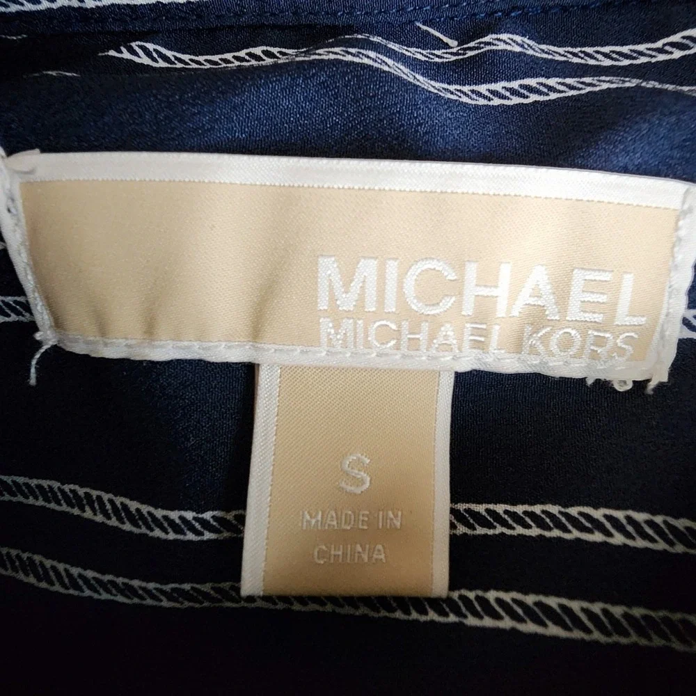 Michael Kors Small Navy Blue Rope Stripe Quarter Zip Roll Tab Sleeve Blouse Top
